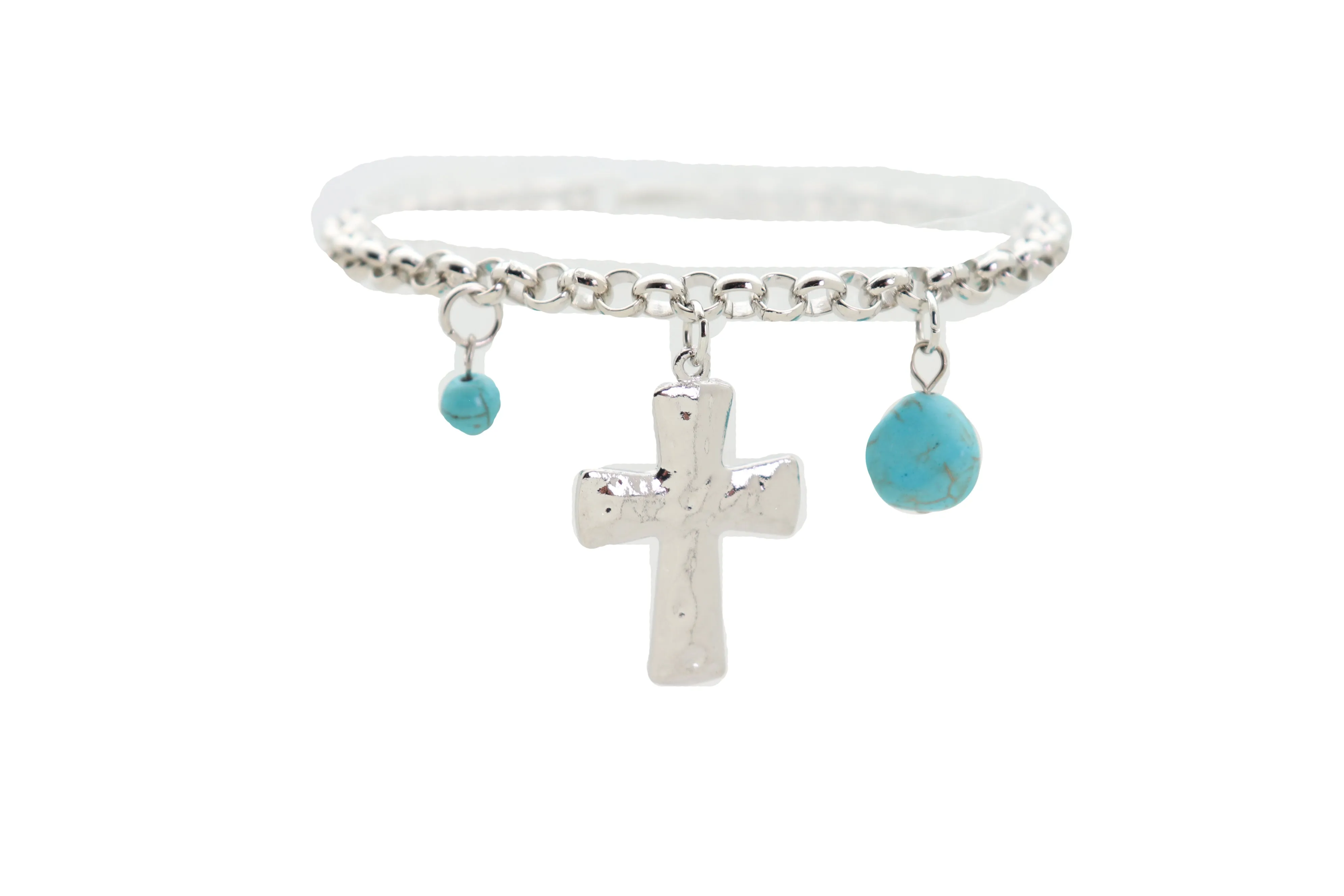 Cross & Turquoise Bead Charms Metal Chain Boot Bracelet