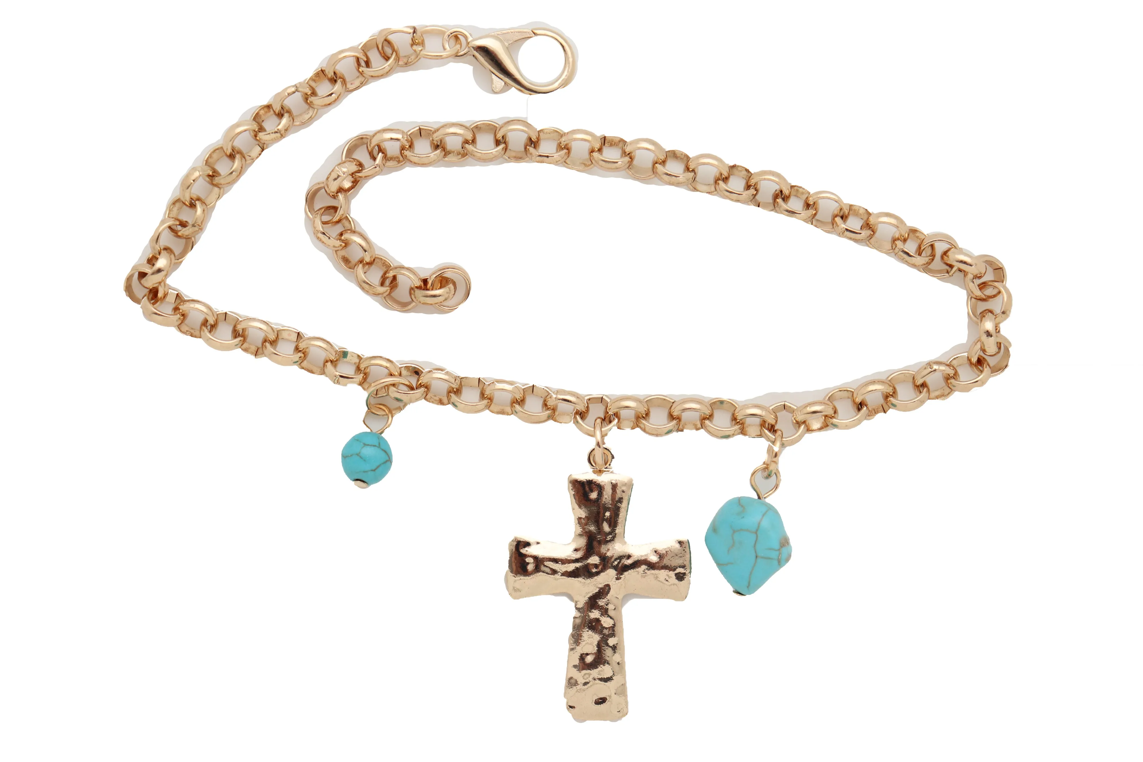 Cross & Turquoise Bead Charms Metal Chain Boot Bracelet