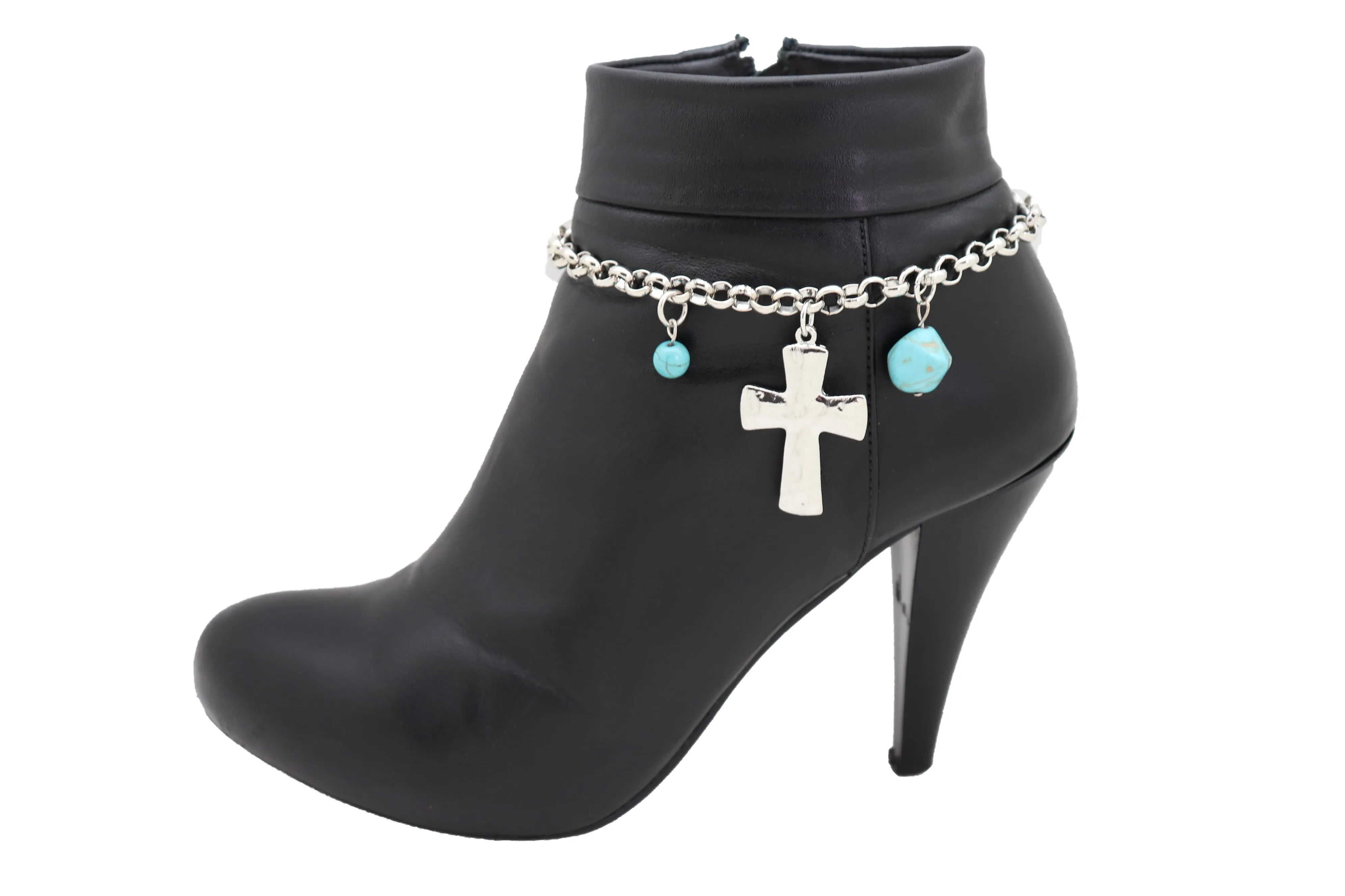 Cross & Turquoise Bead Charms Metal Chain Boot Bracelet