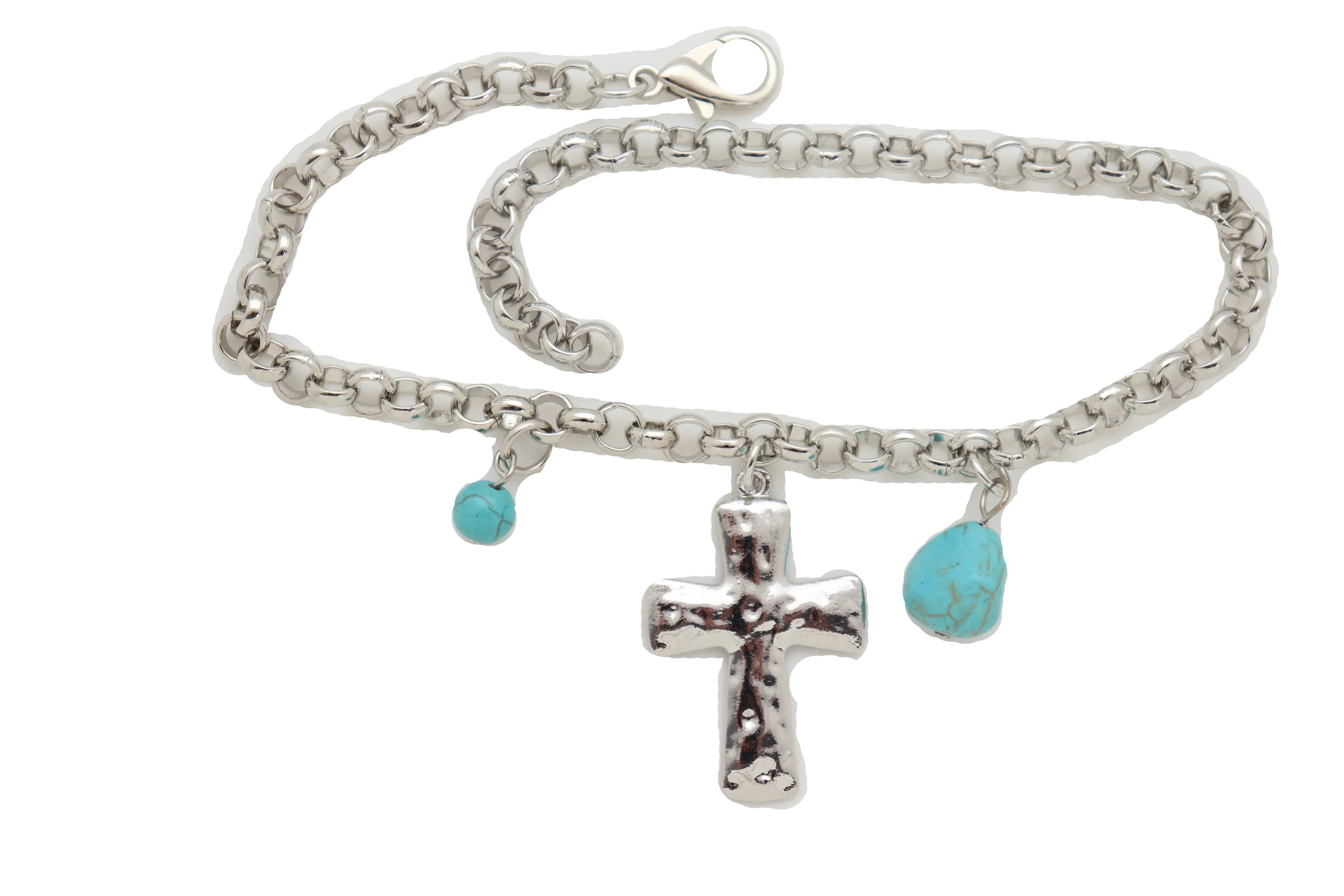 Cross & Turquoise Bead Charms Metal Chain Boot Bracelet