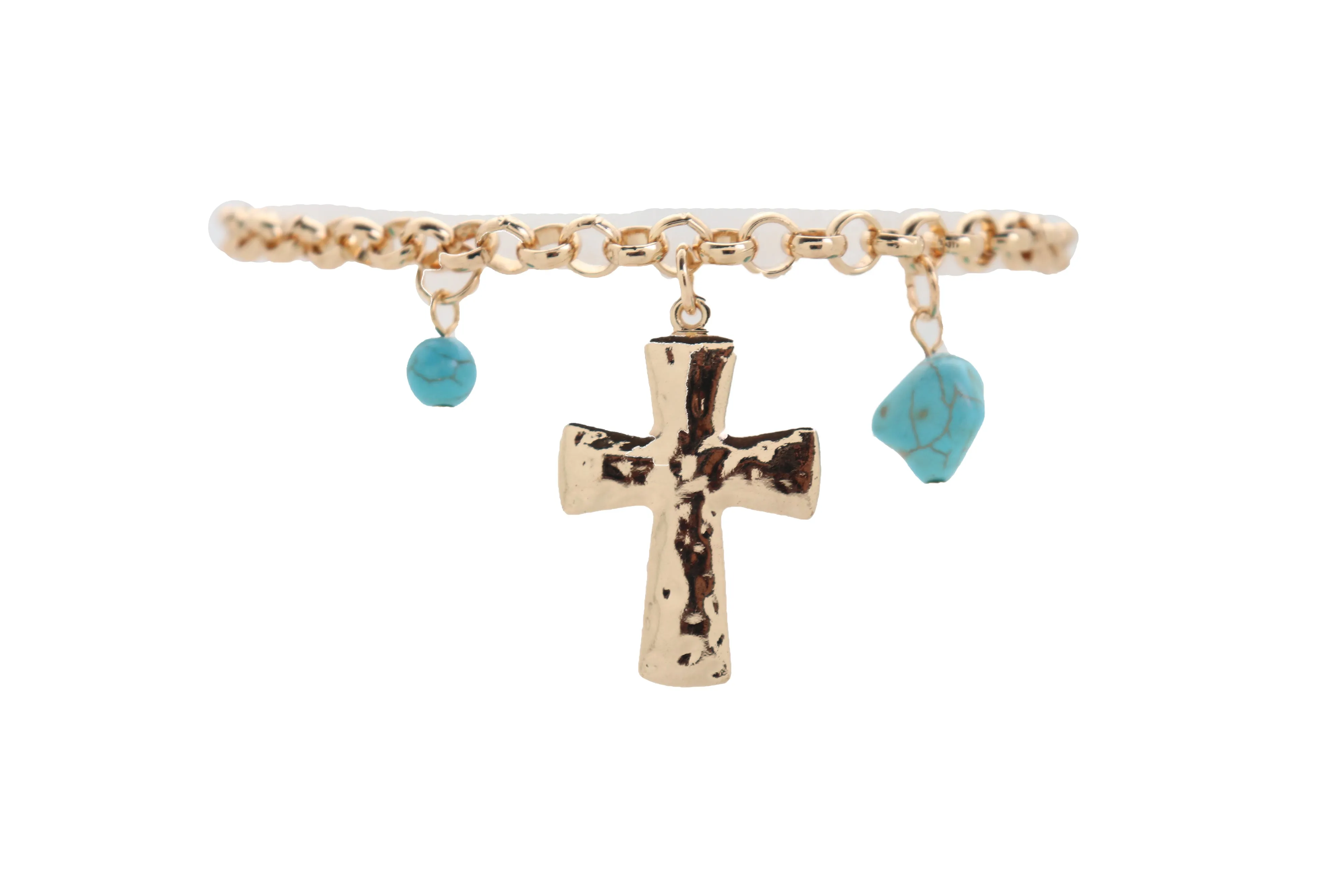 Cross & Turquoise Bead Charms Metal Chain Boot Bracelet