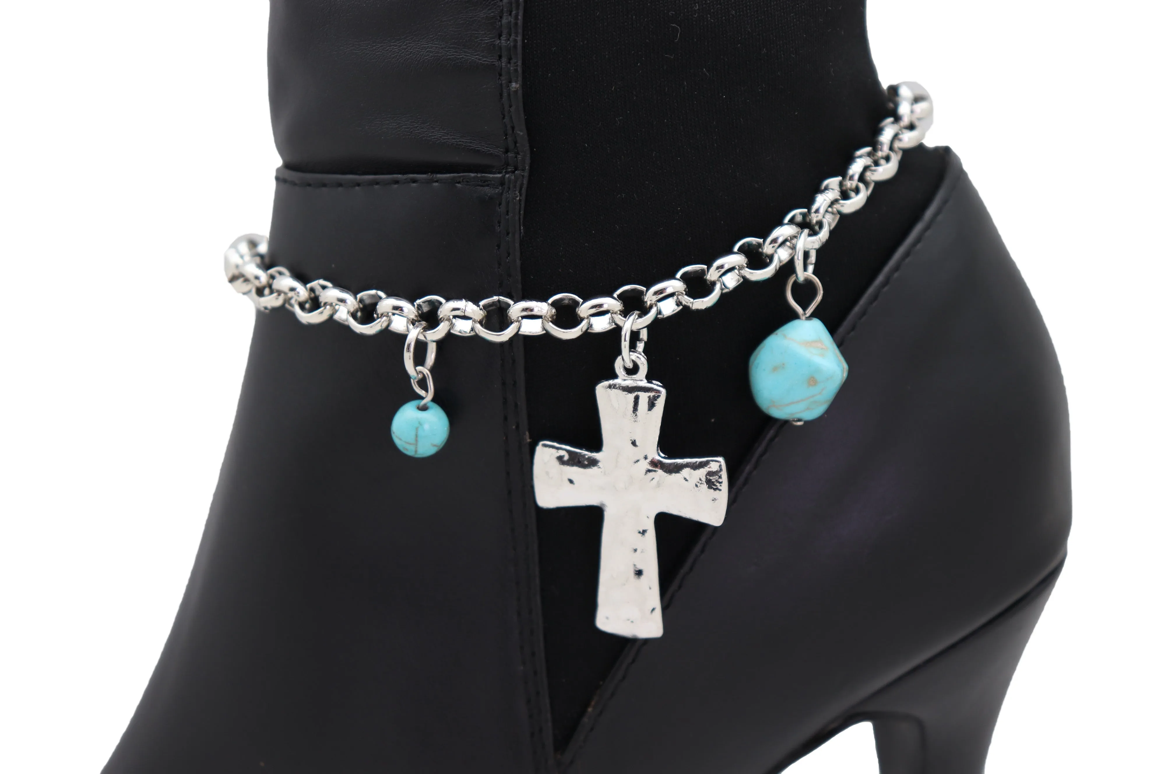 Cross & Turquoise Bead Charms Metal Chain Boot Bracelet