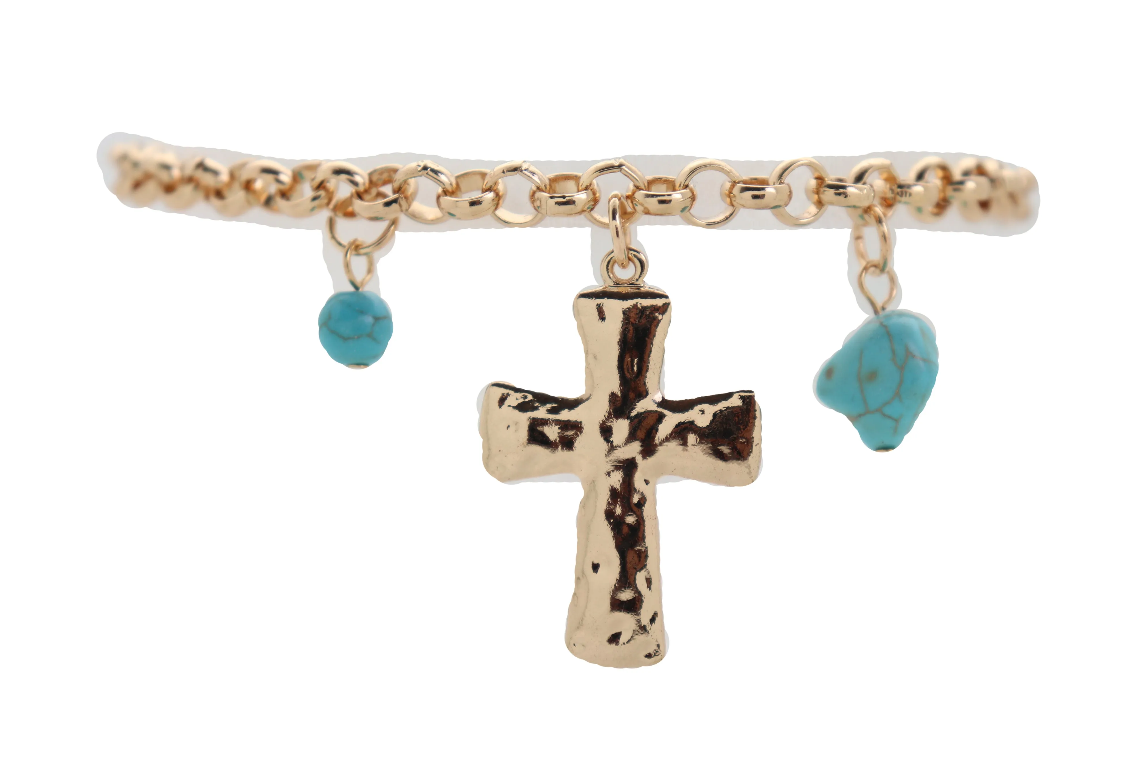 Cross & Turquoise Bead Charms Metal Chain Boot Bracelet