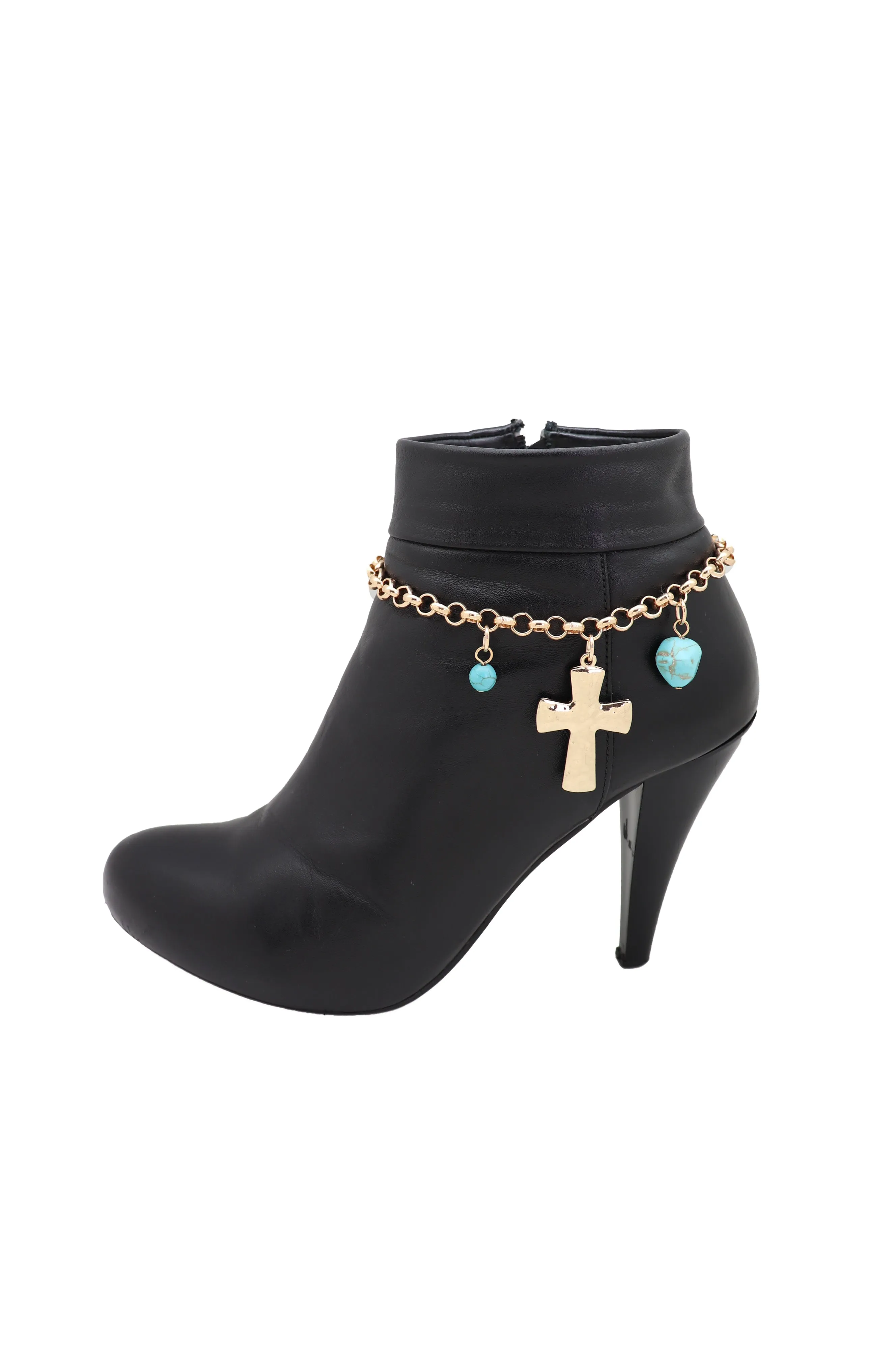 Cross & Turquoise Bead Charms Metal Chain Boot Bracelet