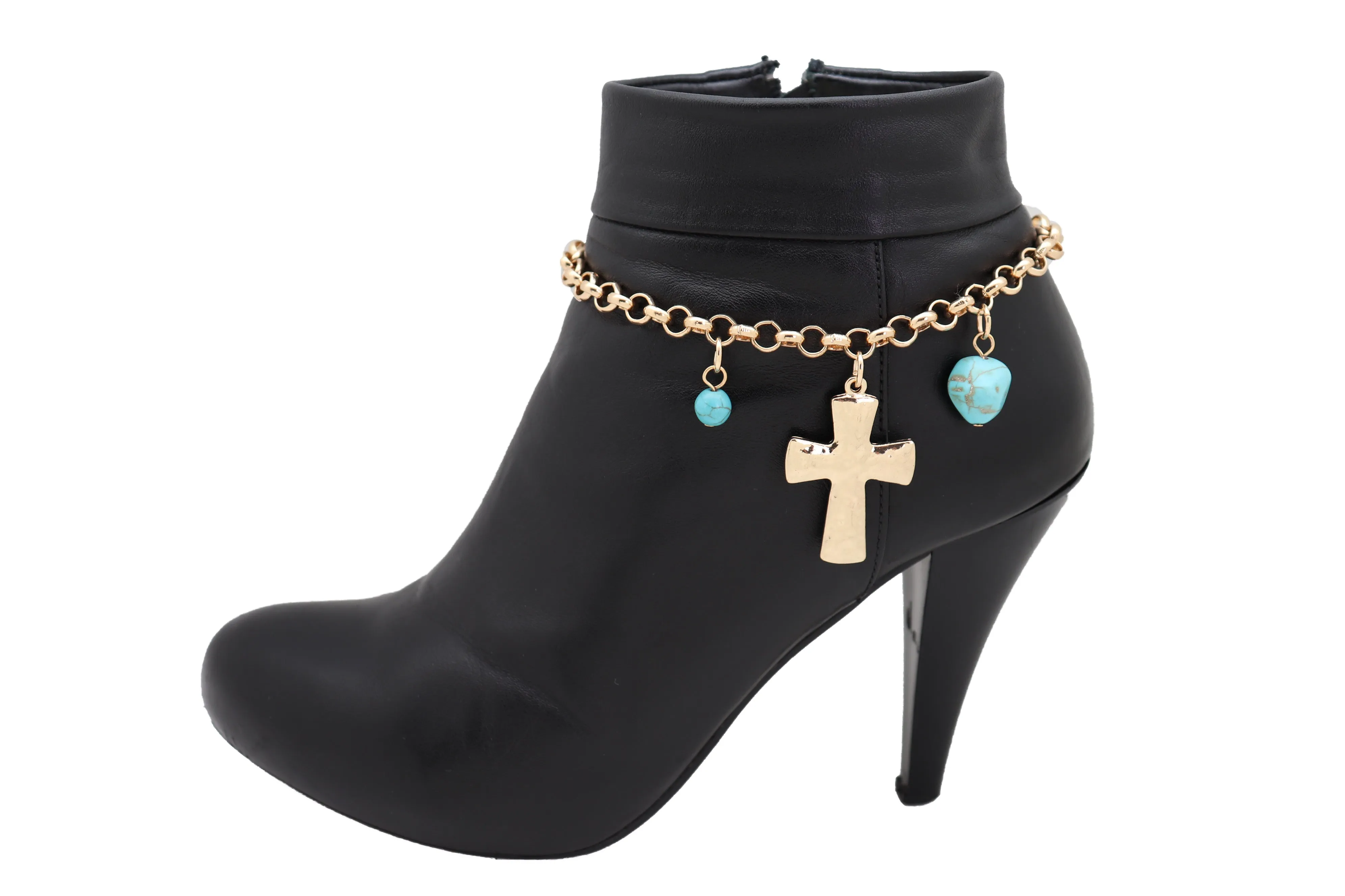 Cross & Turquoise Bead Charms Metal Chain Boot Bracelet