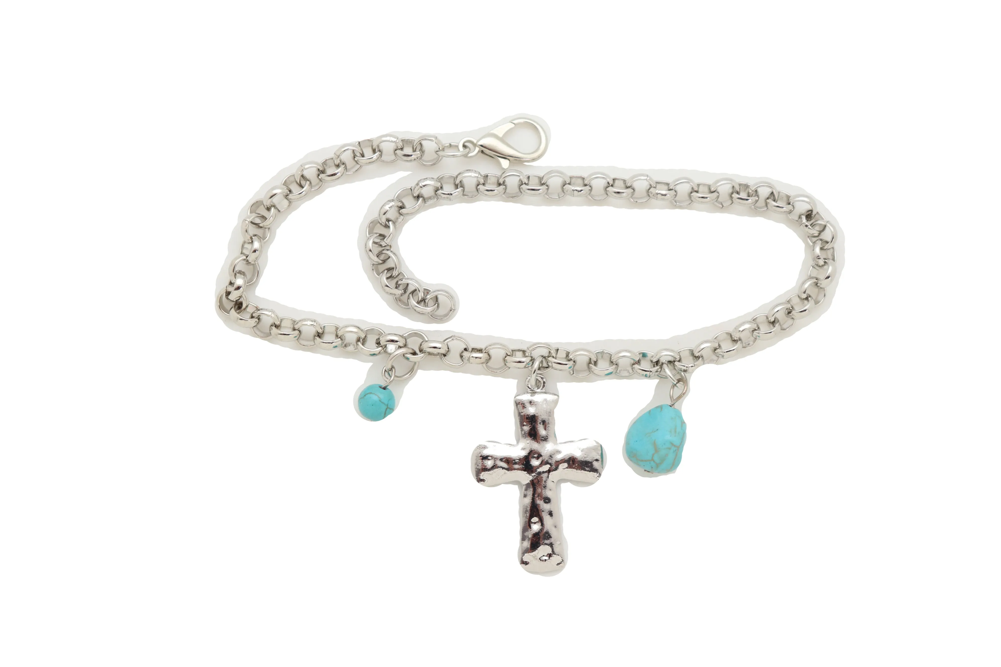 Cross & Turquoise Bead Charms Metal Chain Boot Bracelet