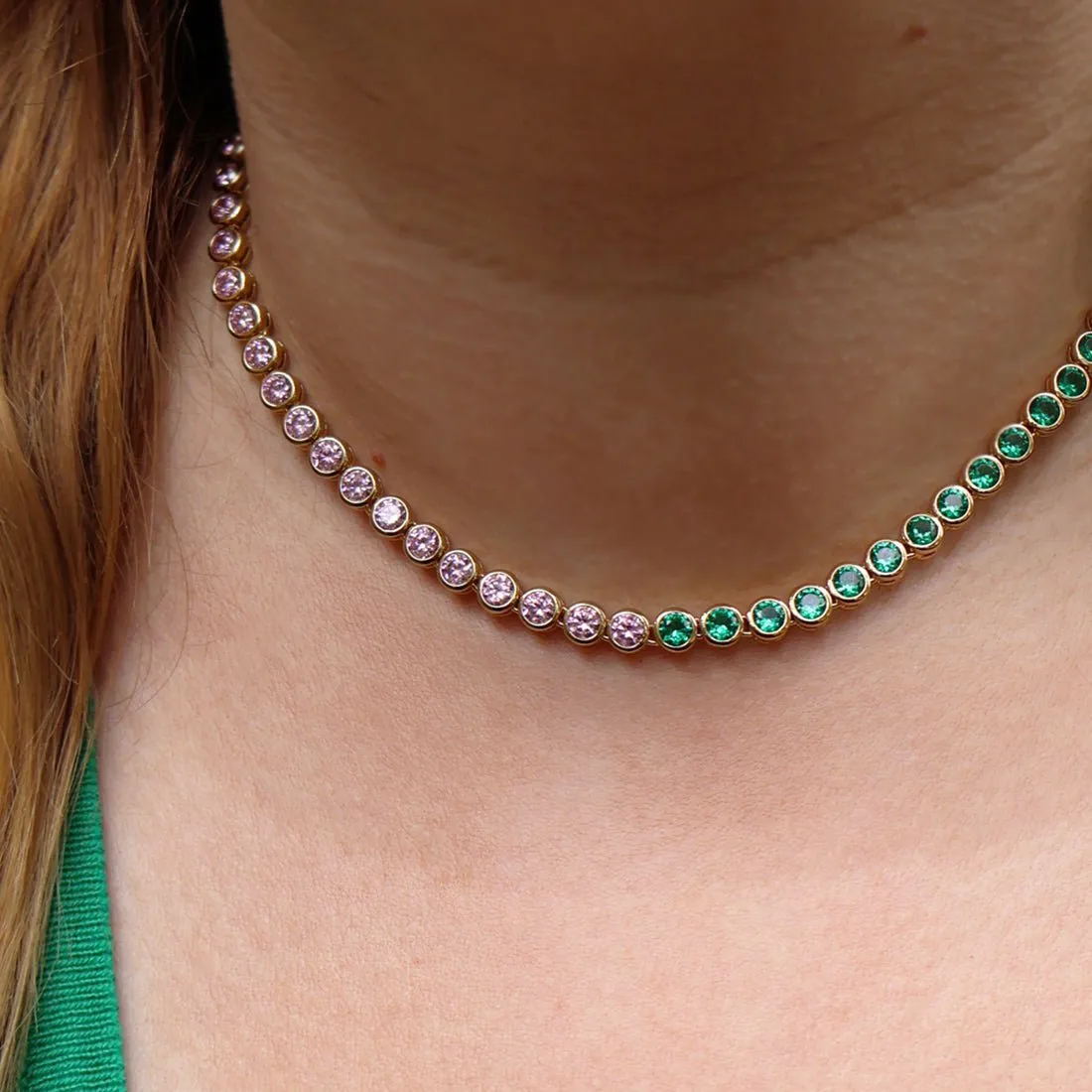 Dotty Tennis Necklace Emerald, Rose Pink CZ and Gold