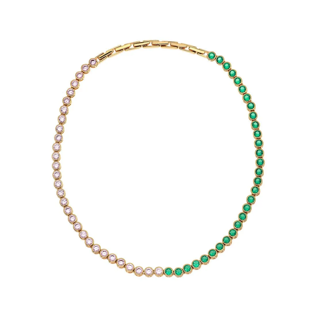 Dotty Tennis Necklace Emerald, Rose Pink CZ and Gold