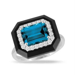 Doves 18K White Gold London Blue Topaz, Black Onyx, and Diamond Ring