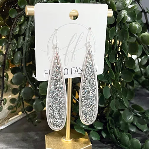 Elongated Silver Sparkling Crystal Drop Earrings