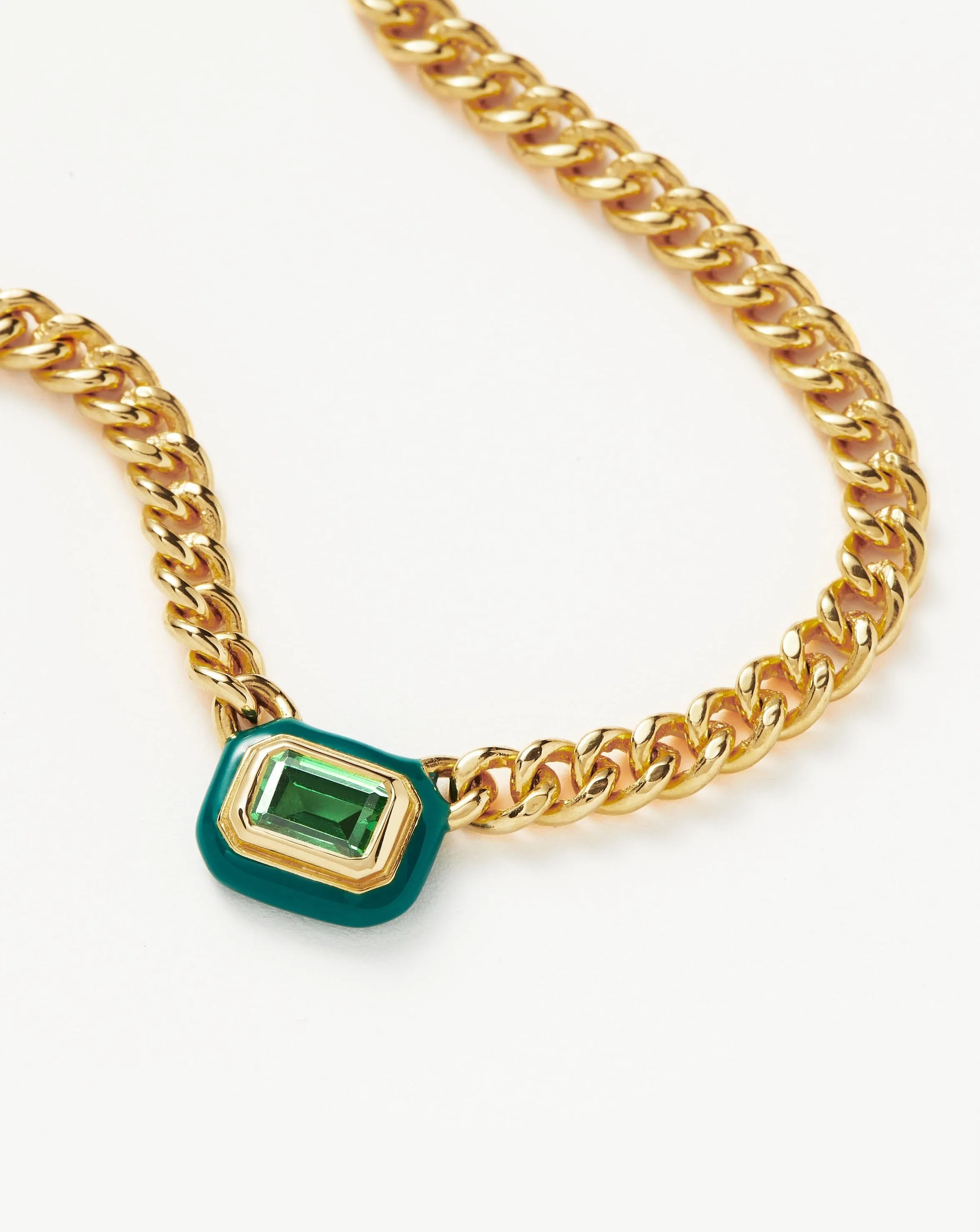 Enamel & Stone Floating Pendant Chain Necklace | 18ct Gold Plated/Green Cubic Zirconia