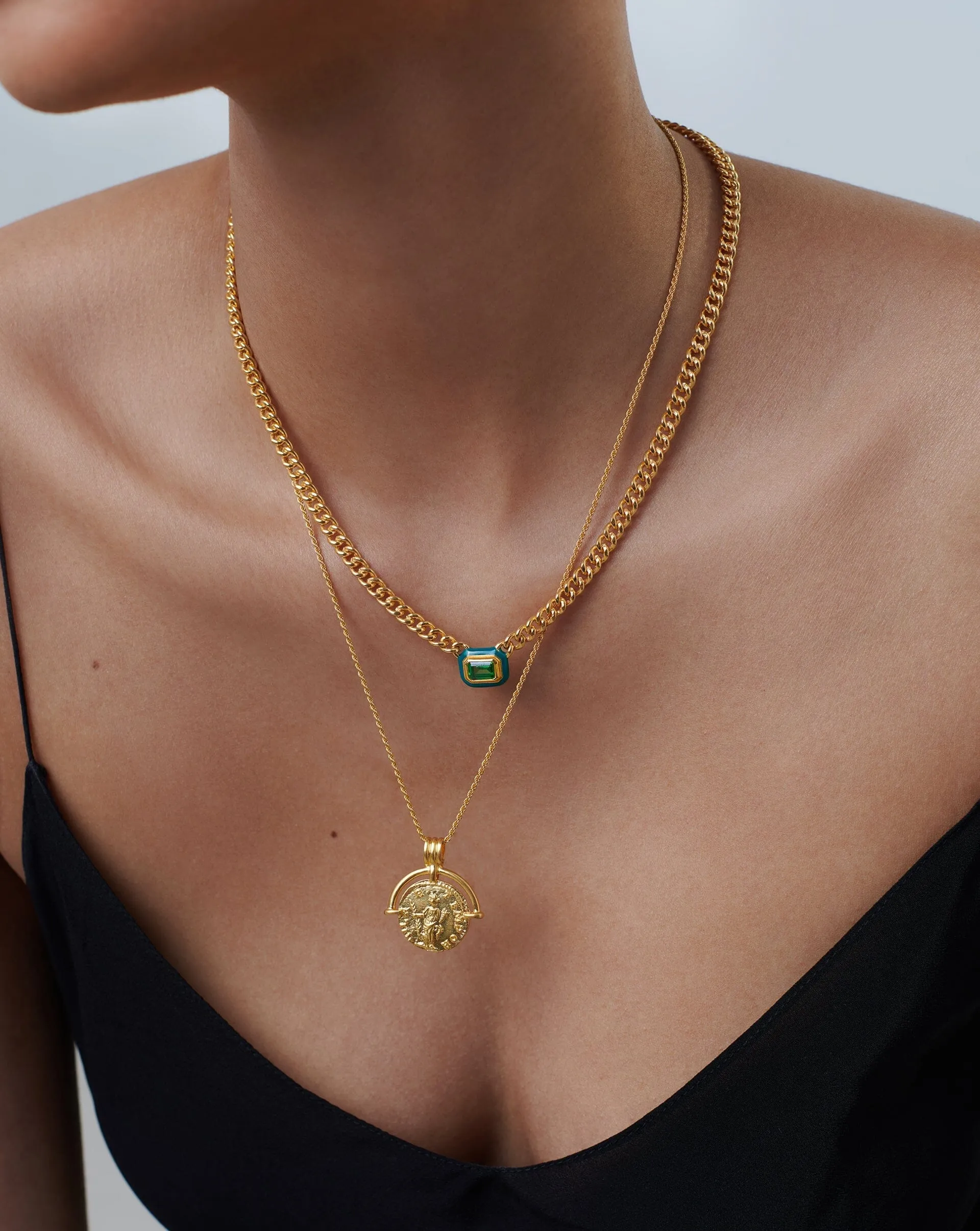 Enamel & Stone Floating Pendant Chain Necklace | 18ct Gold Plated/Green Cubic Zirconia