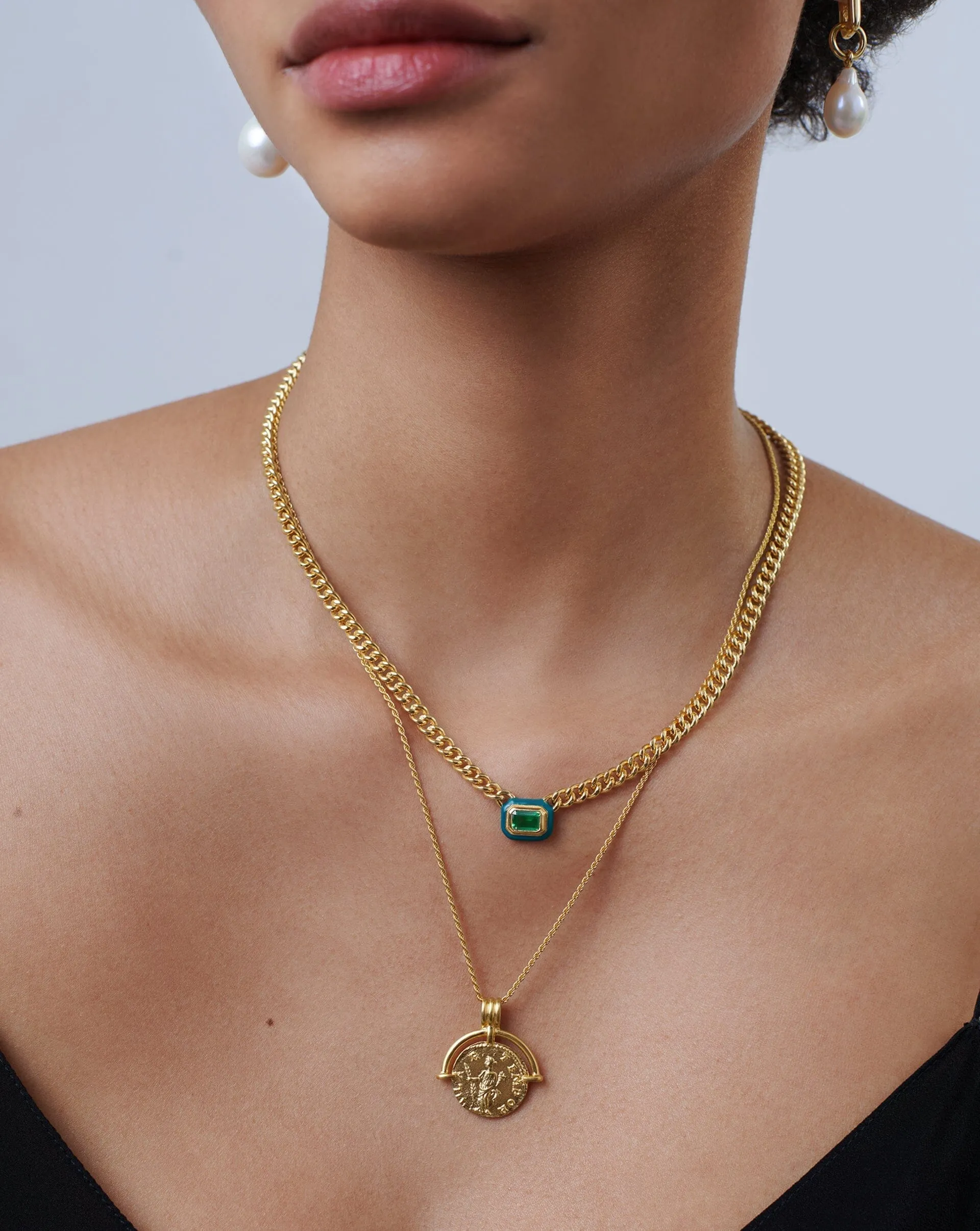 Enamel & Stone Floating Pendant Chain Necklace | 18k Gold Plated/Green Cubic Zirconia