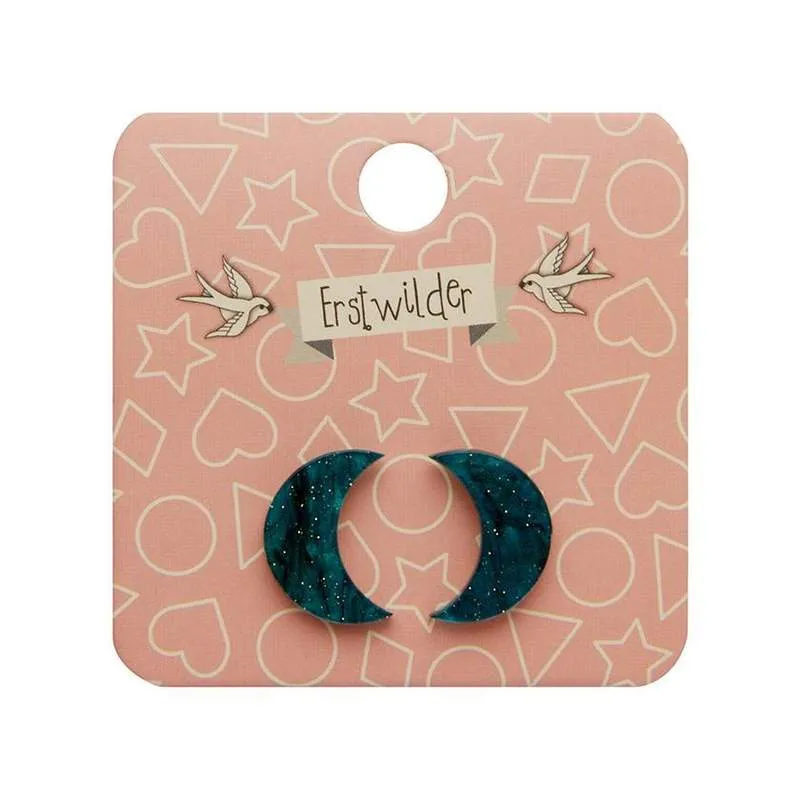 Erstwilder - Crescent Moon Ripple Glitter Resin Stud Earrings - Emerald