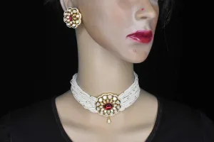 Flower Shaped Kundan And Kemp Studded Beads Choker Set