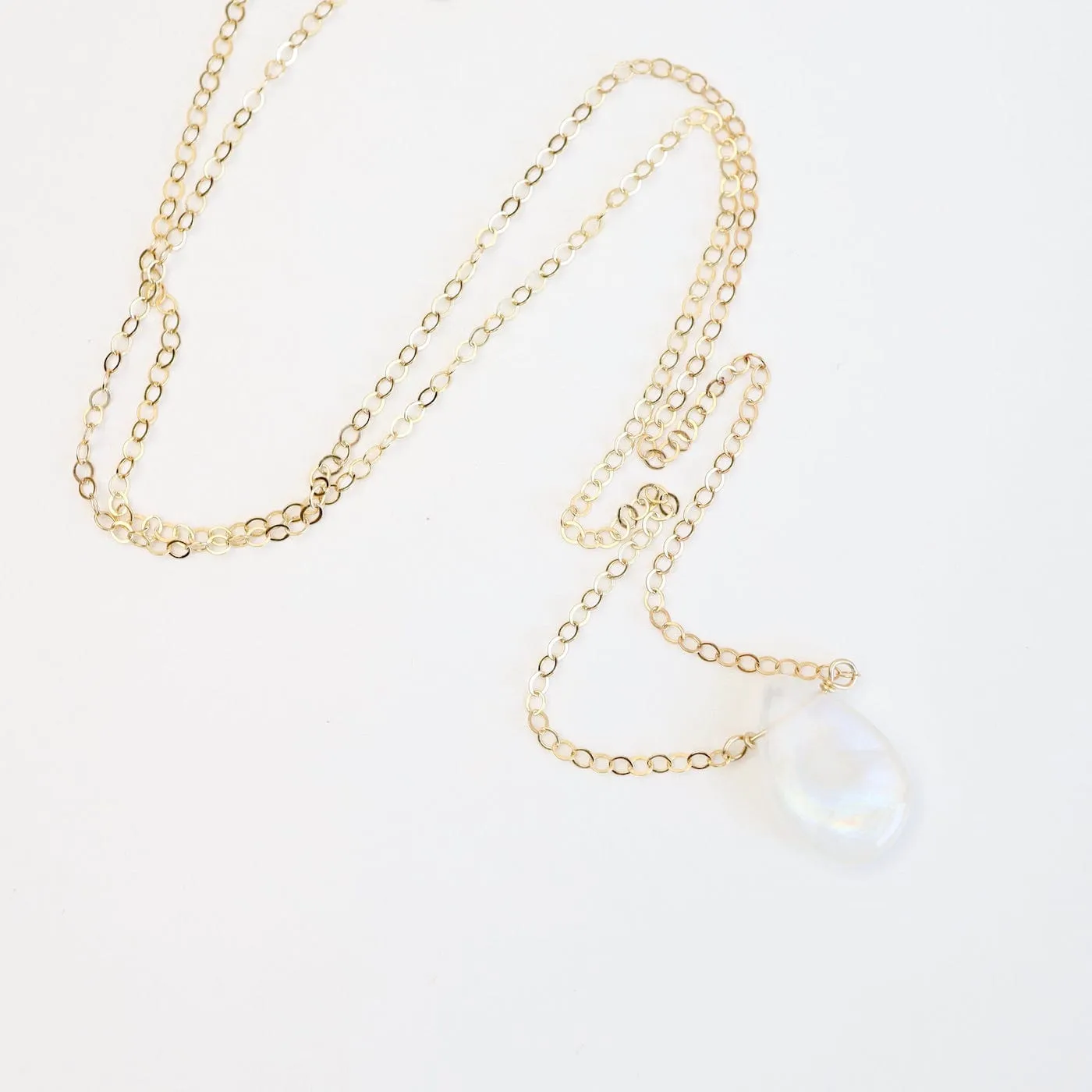 Gold Filled Smooth Rainbow Moonstone Drop Necklace