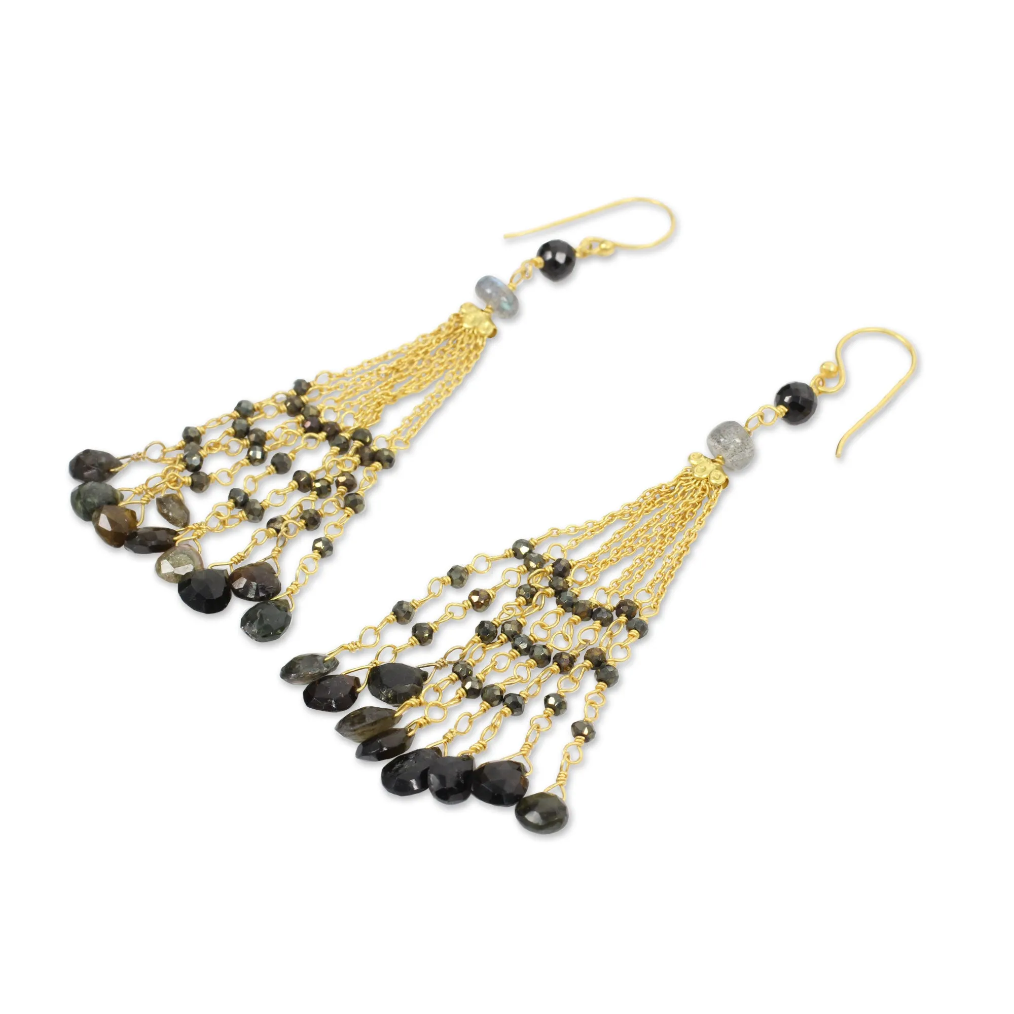 Gold Plated Earrings with Labradorite Tourmaline and Spinel - Elysian Cascade | NOVICA