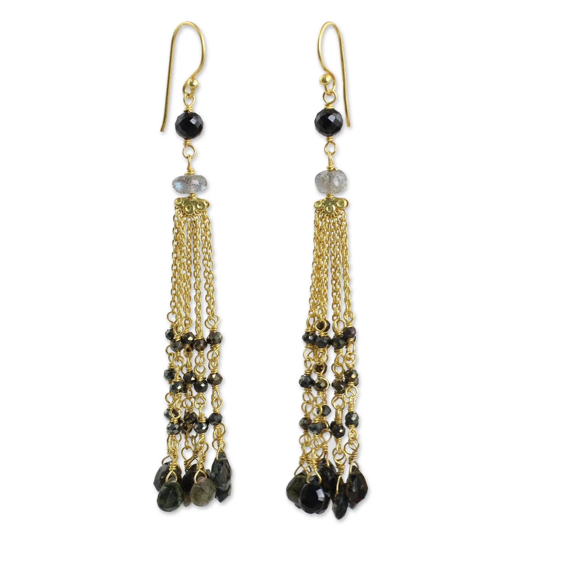 Gold Plated Earrings with Labradorite Tourmaline and Spinel - Elysian Cascade | NOVICA