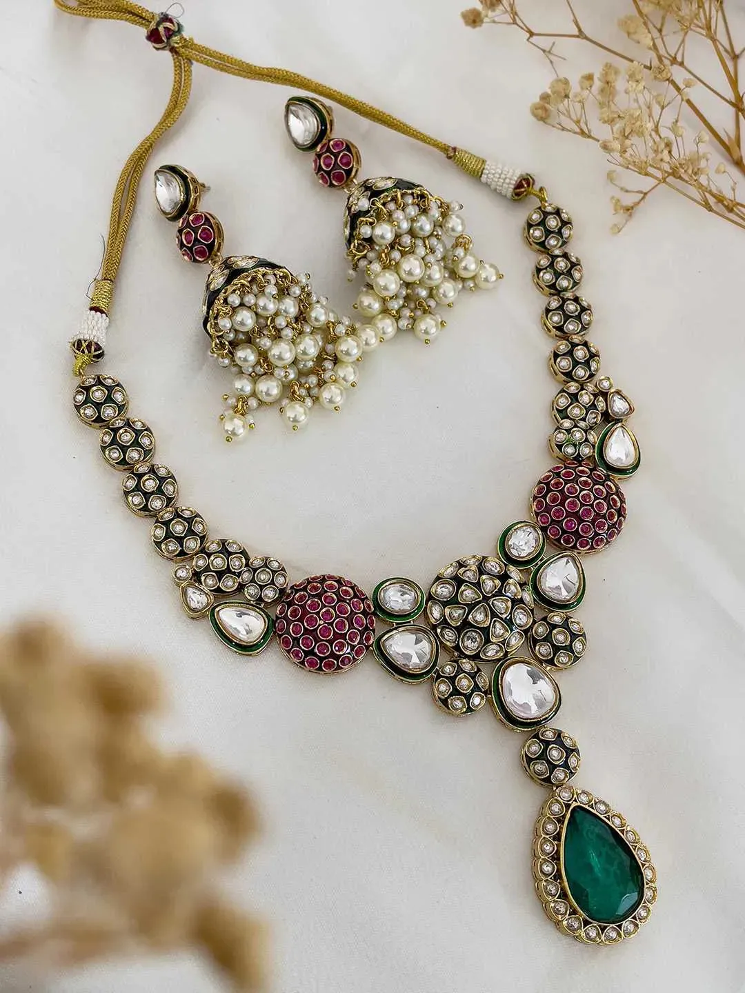 Gold Plated Kundan Polki Stone Meenakari Necklace Set