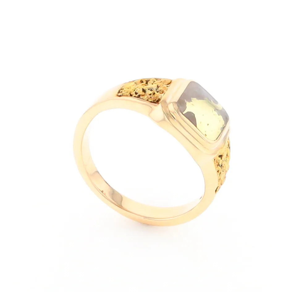 Gold Quartz Ring Square Inlaid Design Double Natural Nugget Sides