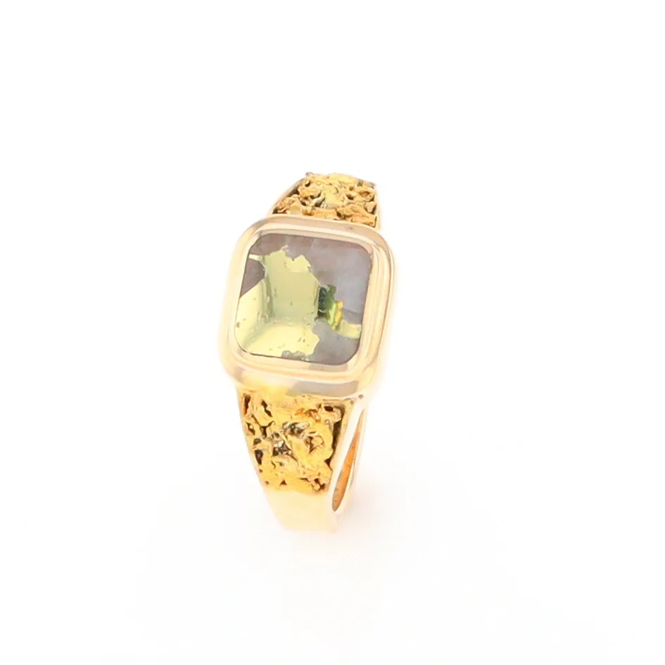 Gold Quartz Ring Square Inlaid Design Double Natural Nugget Sides