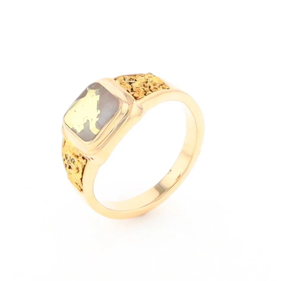 Gold Quartz Ring Square Inlaid Design Double Natural Nugget Sides