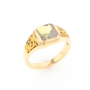 Gold Quartz Ring Square Inlaid Design Double Natural Nugget Sides