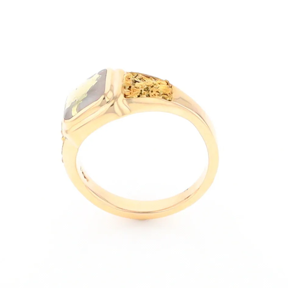 Gold Quartz Ring Square Inlaid Design Double Natural Nugget Sides