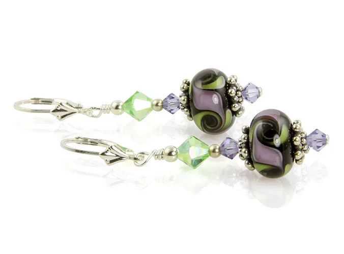 Green Cosmic Swirl Lampwork Earrings