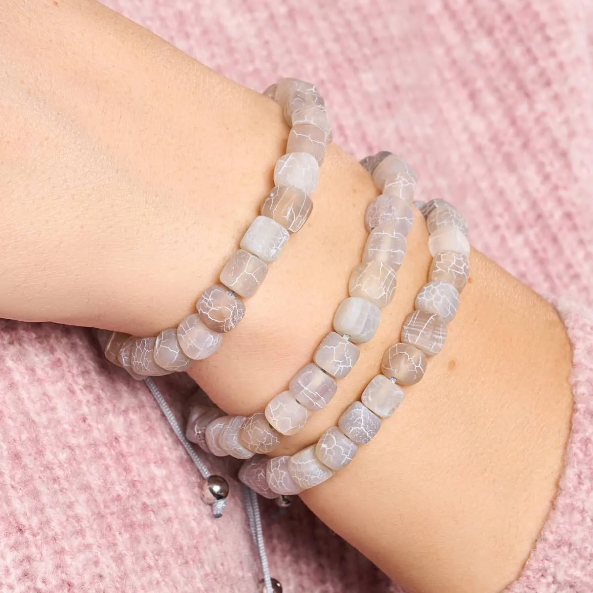 Grey Agate | Silver | Gemstone Pebble Macrame Bracelet