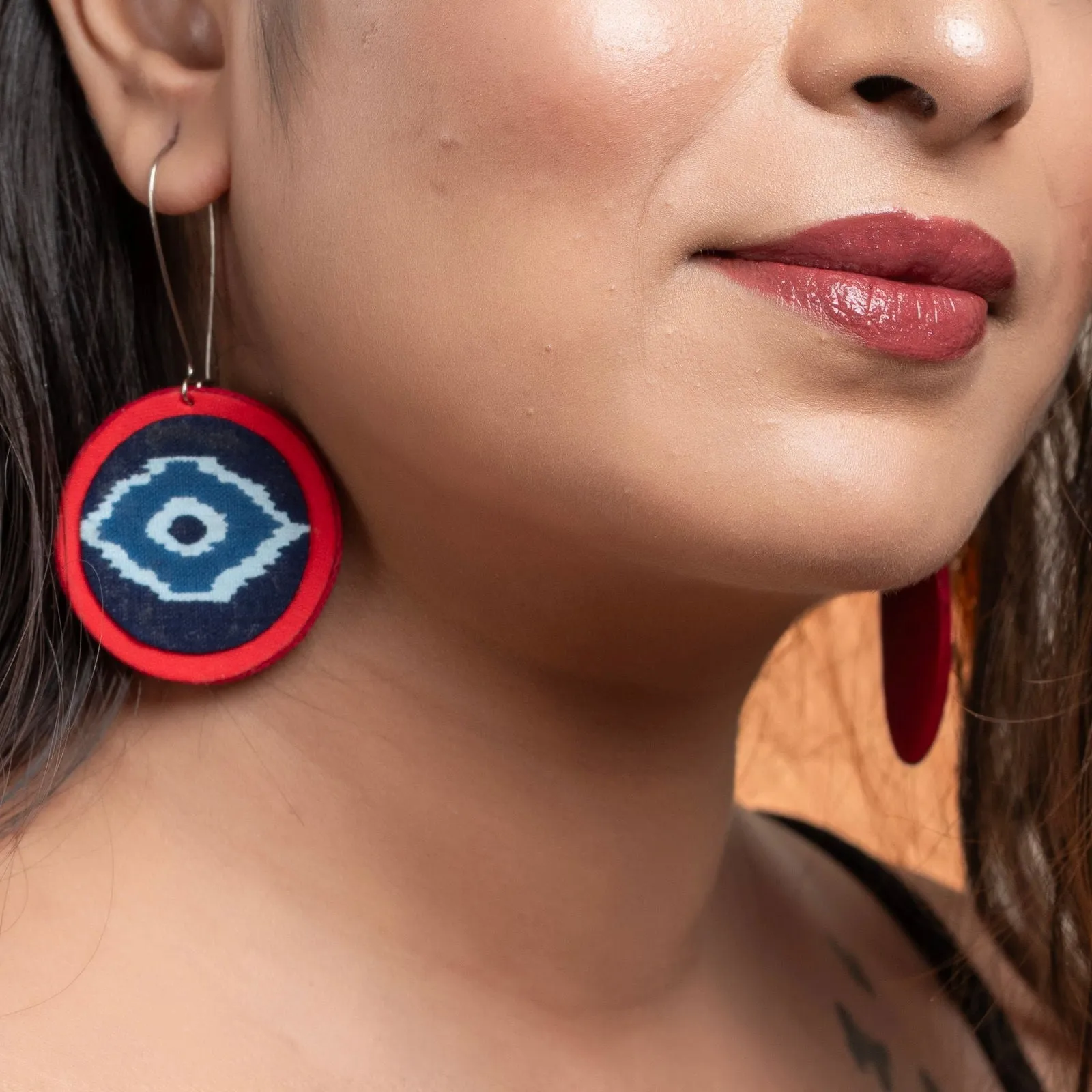 Handmade Lightweight Red Blue Evil Eye Fabric Dangler Earrings - Non-Allergic & Stylish