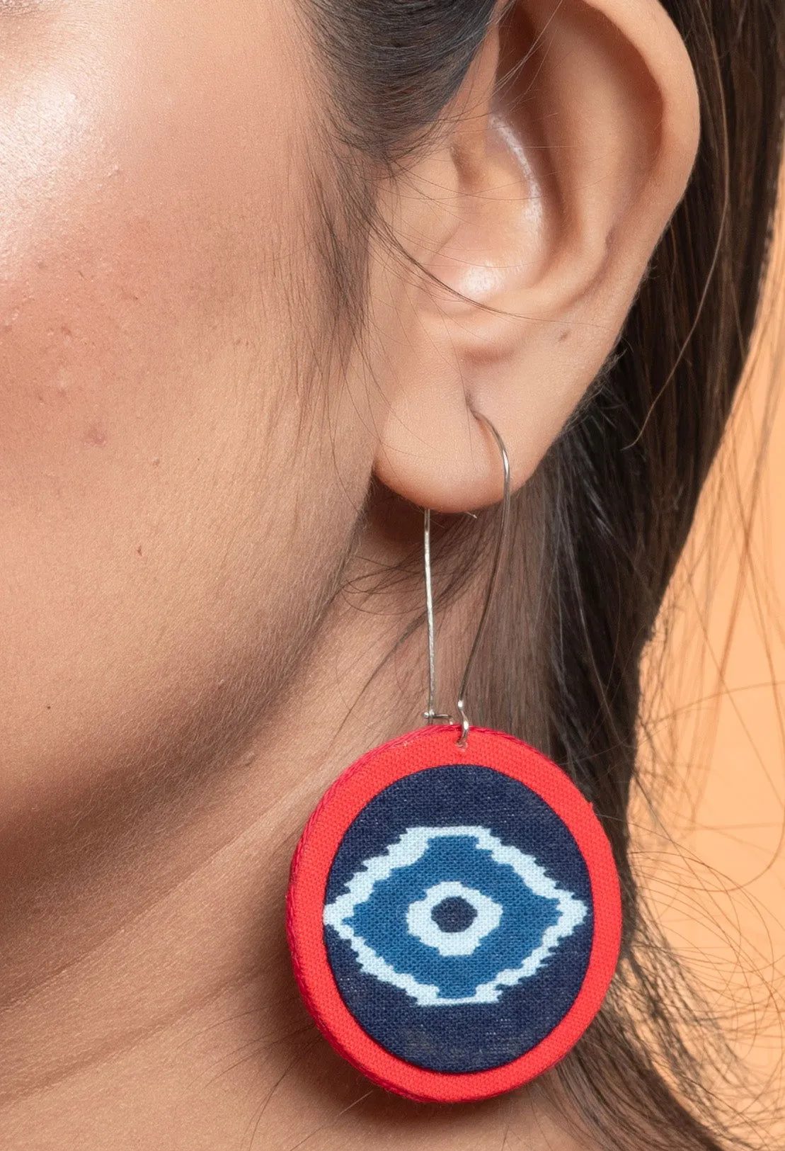 Handmade Lightweight Red Blue Evil Eye Fabric Dangler Earrings - Non-Allergic & Stylish