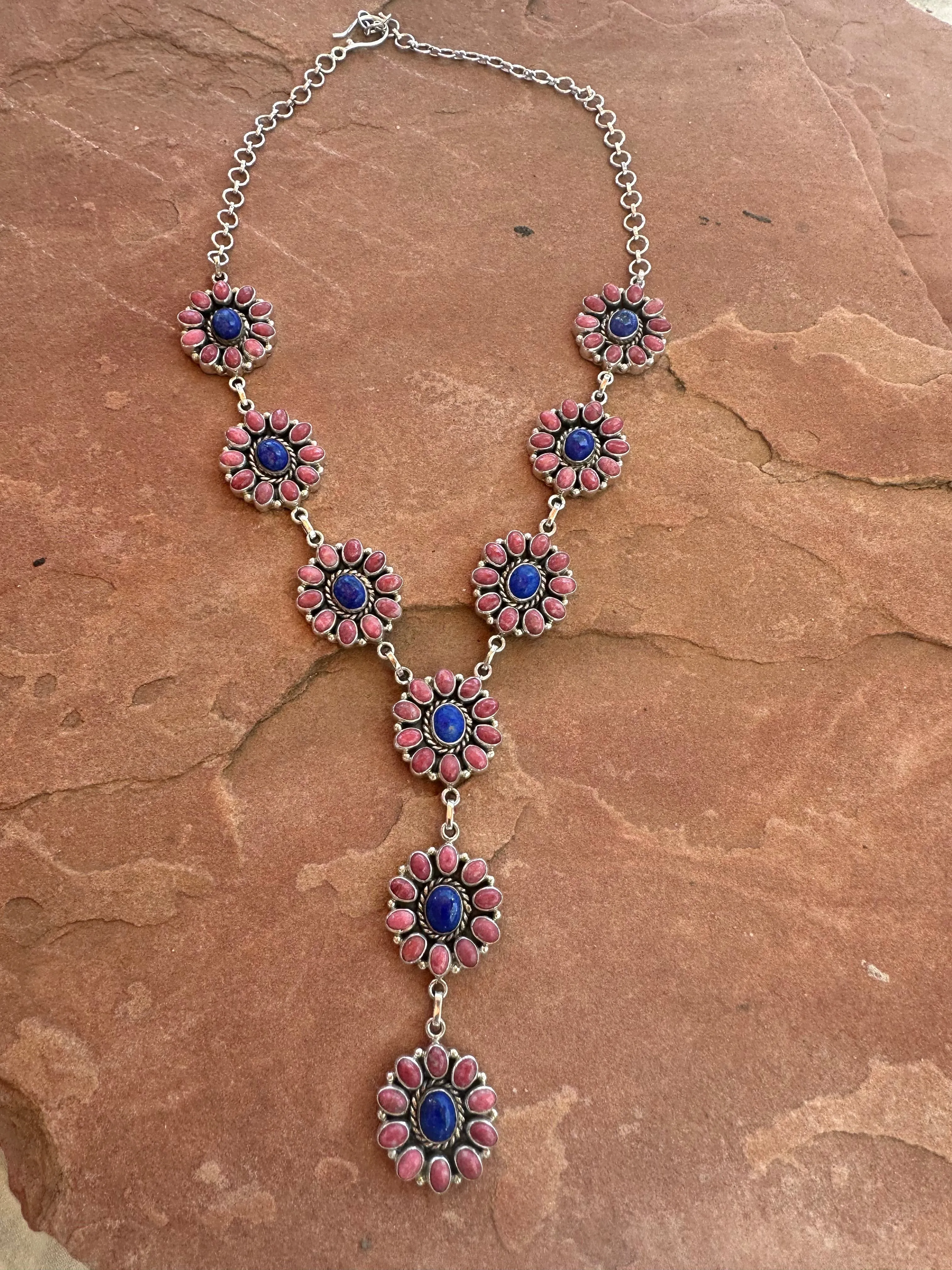 Handmade Sterling Silver, Lapis & Rhodonite Lariat Necklace