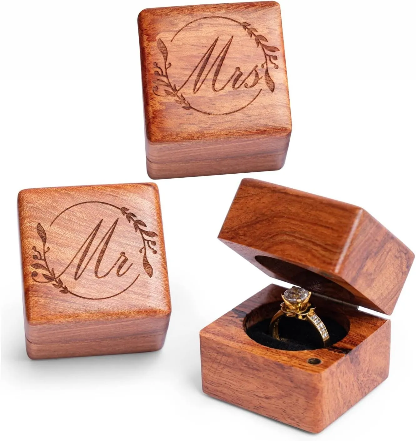 Handmade Wood Ring Box for Wedding Day,  Small Engraved Flowers Ring Storage Box Engagement Gift, 2 Pieces