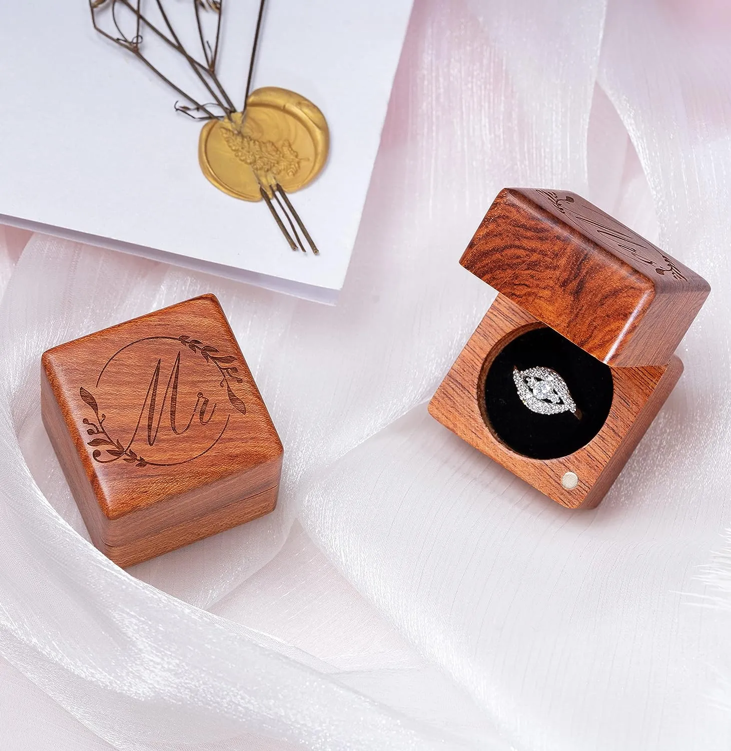 Handmade Wood Ring Box for Wedding Day,  Small Engraved Flowers Ring Storage Box Engagement Gift, 2 Pieces