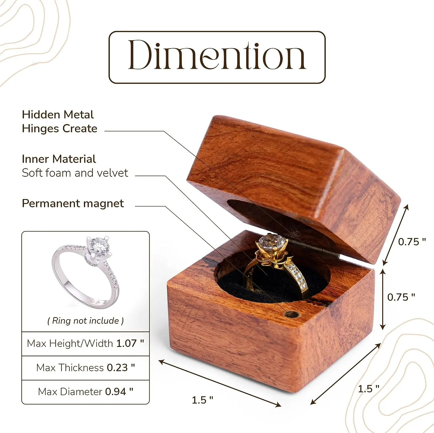 Handmade Wood Ring Box for Wedding Day,  Small Engraved Flowers Ring Storage Box Engagement Gift, 2 Pieces