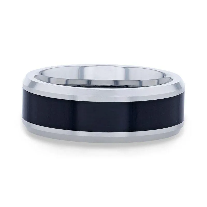 HAWK | Tungsten Ring, Black Ceramic Inlaid, Bevels Edges