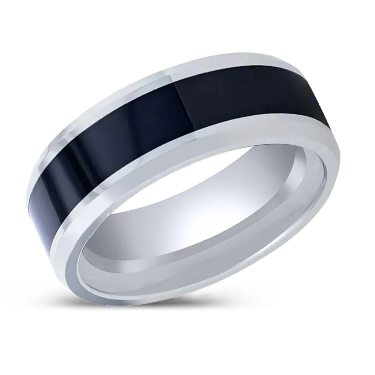 HAWK | Tungsten Ring, Black Ceramic Inlaid, Bevels Edges