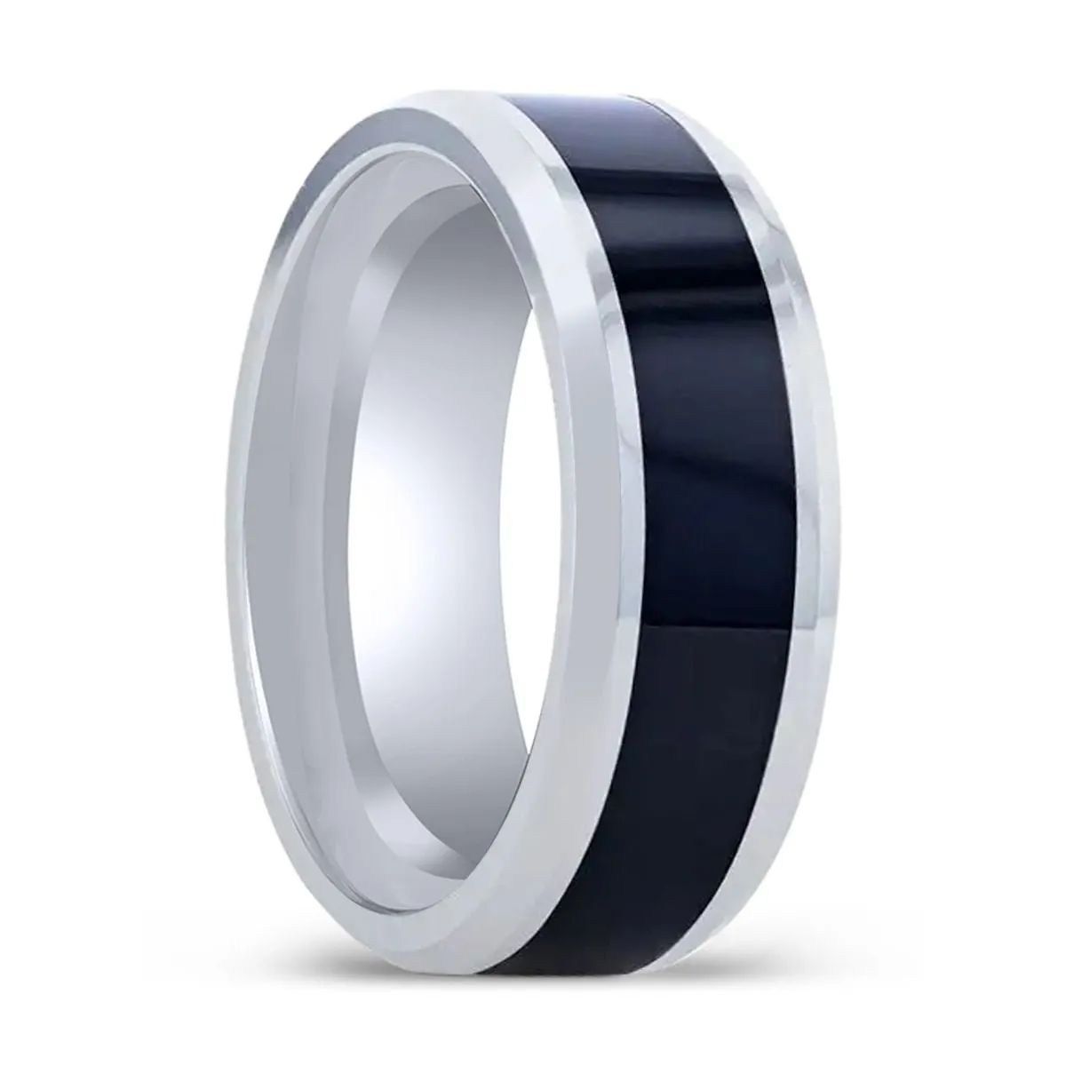 HAWK | Tungsten Ring, Black Ceramic Inlaid, Bevels Edges