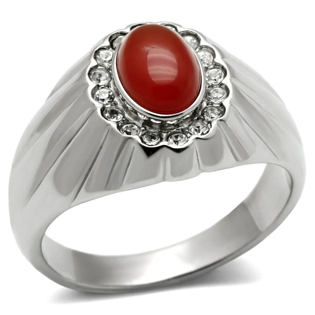 High polished (no plating) Stainless Steel Ring with Semi-Precious Onyx in Siam for Women Style TK372