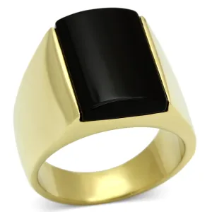 IP Gold(Ion Plating) Stainless Steel Ring with Semi-Precious Onyx in Jet for Women Style TK726