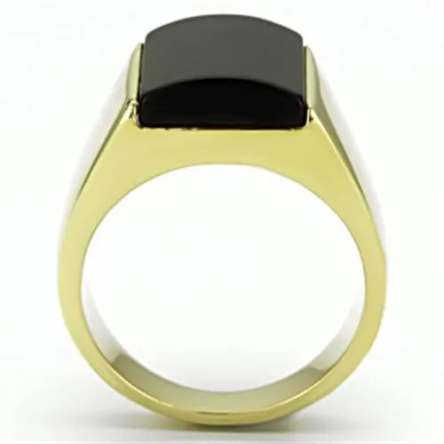 IP Gold(Ion Plating) Stainless Steel Ring with Semi-Precious Onyx in Jet for Women Style TK726