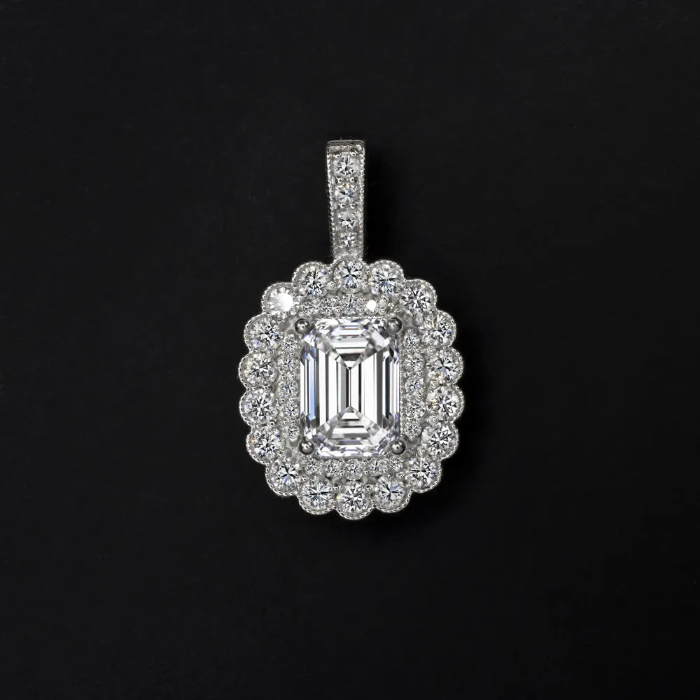 LAB CREATED DIAMOND PENDANT 1ct EMERALD CUT SCALLOPED DOUBLE HALO NECKLACE 14k