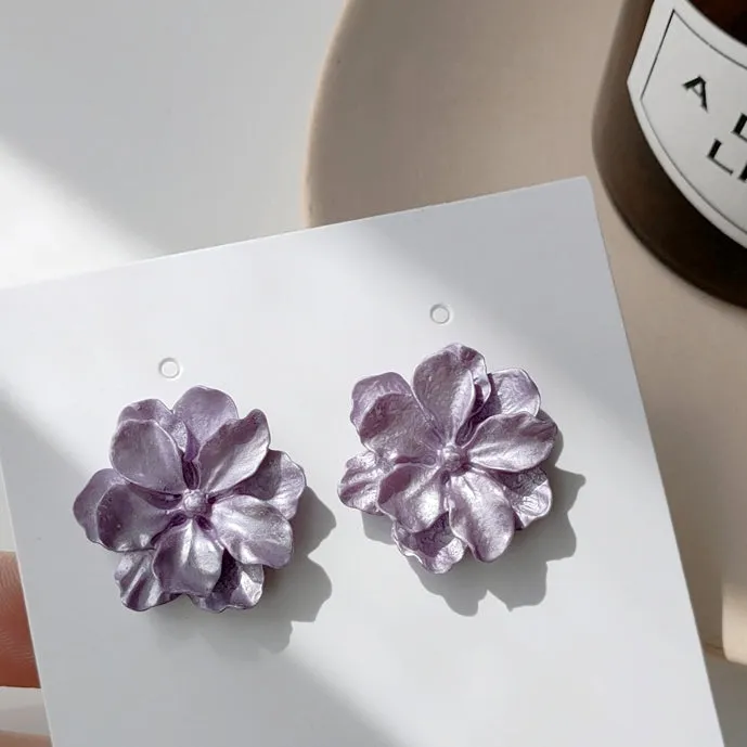 Large Purple Flower Invisible Clip On Stud Earrings