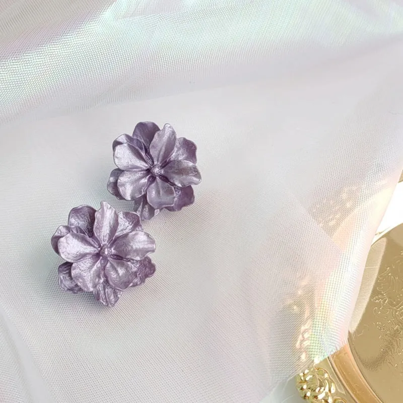 Large Purple Flower Invisible Clip On Stud Earrings