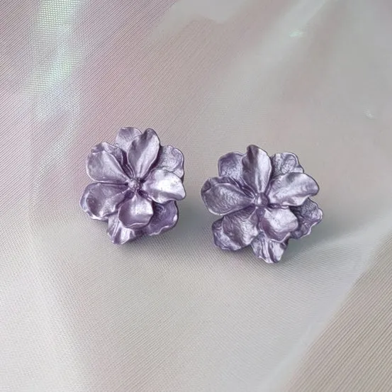 Large Purple Flower Invisible Clip On Stud Earrings