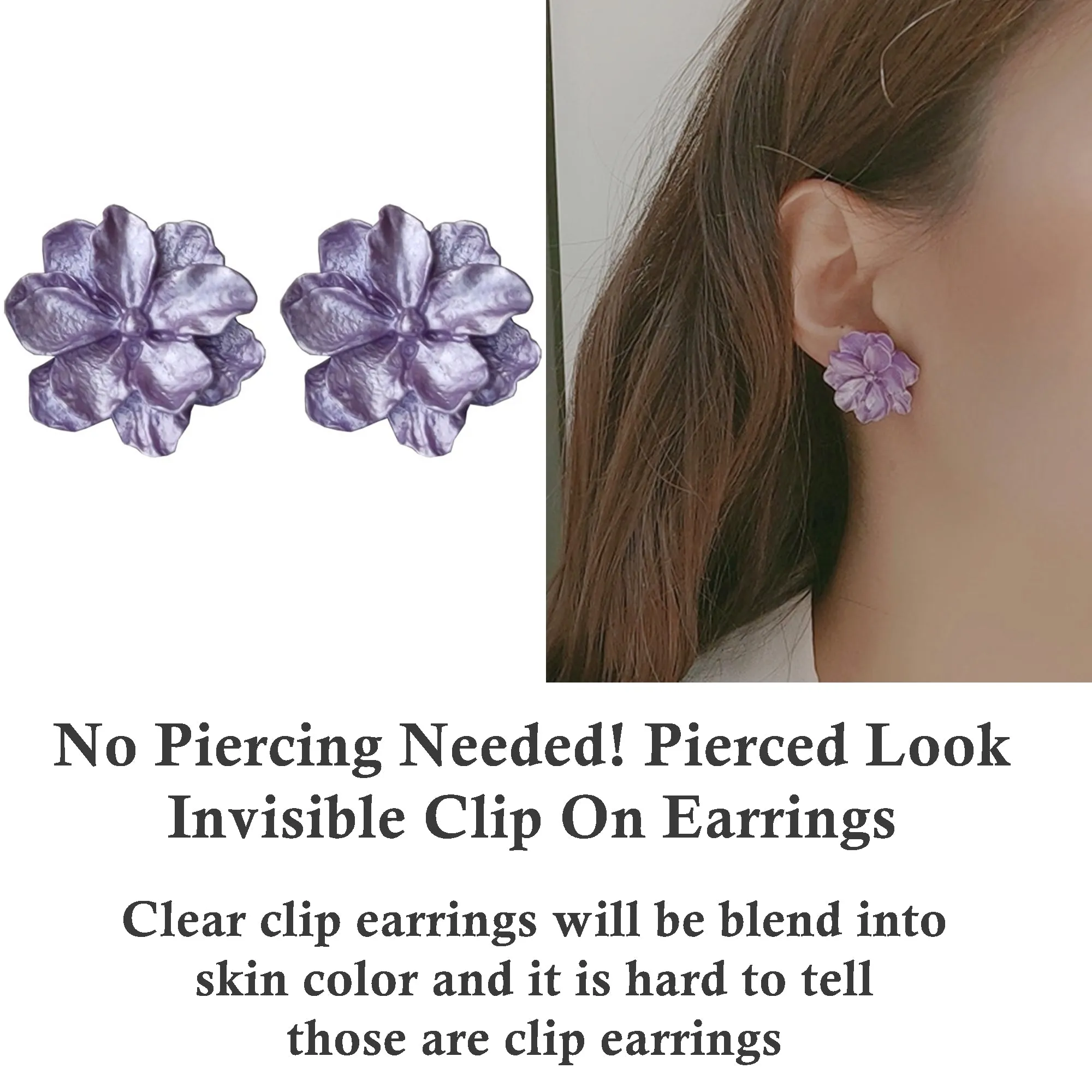 Large Purple Flower Invisible Clip On Stud Earrings