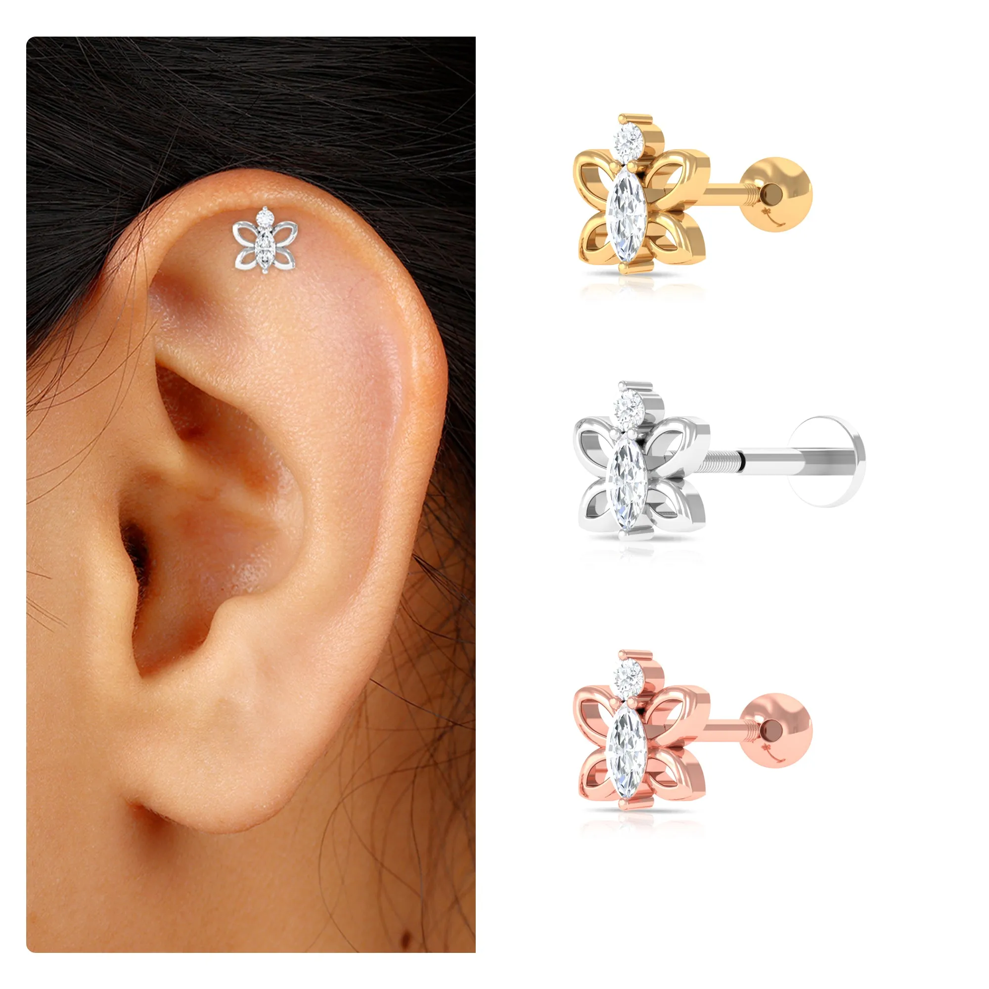 Marquise Moissanite Gold Butterfly Earring for Helix Piercing