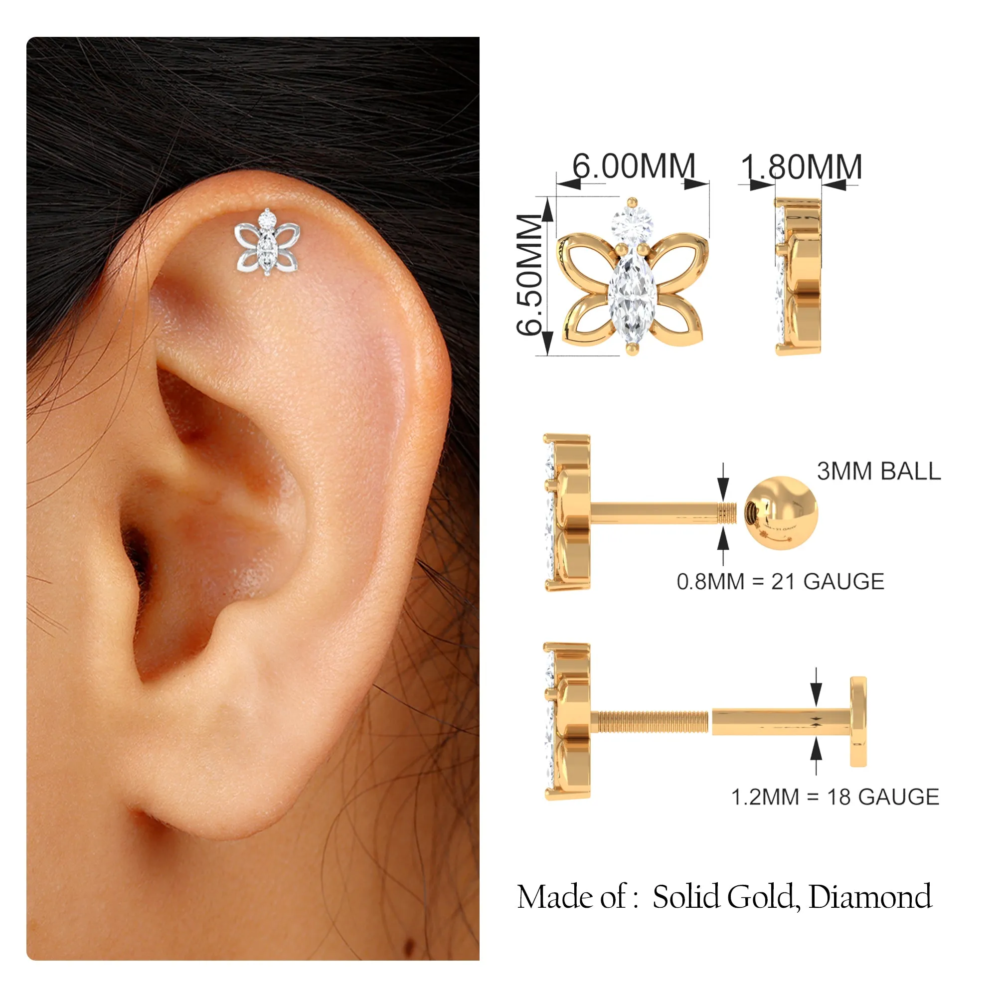 Marquise Moissanite Gold Butterfly Earring for Helix Piercing