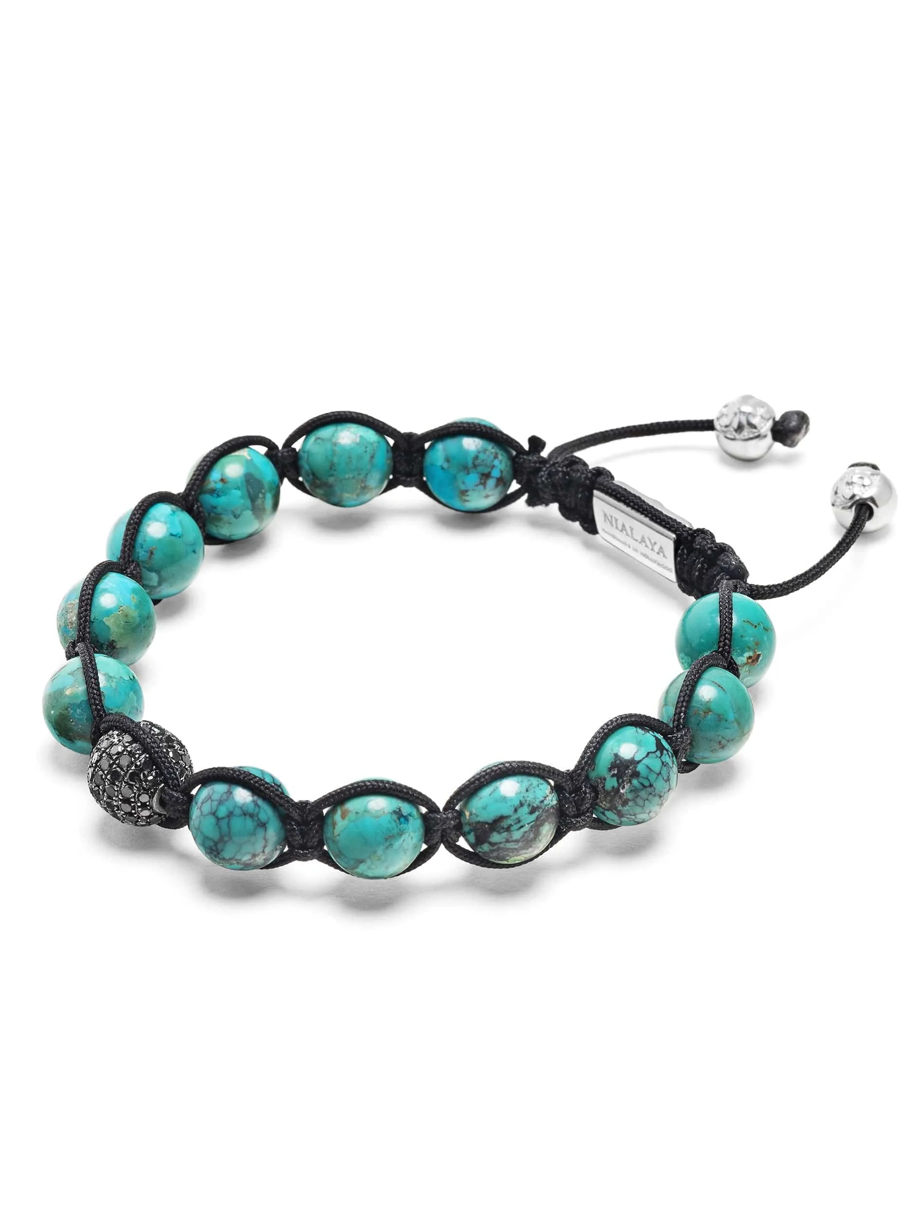 Men's Black Diamond Beaded Bracelet with Turquoise and Sterling Silver